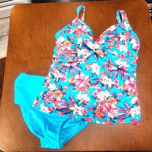 Lands End 2 Piece Floral Blue Womems  Swim Set 18 DD Top Bottom 16 Turquoise Blu